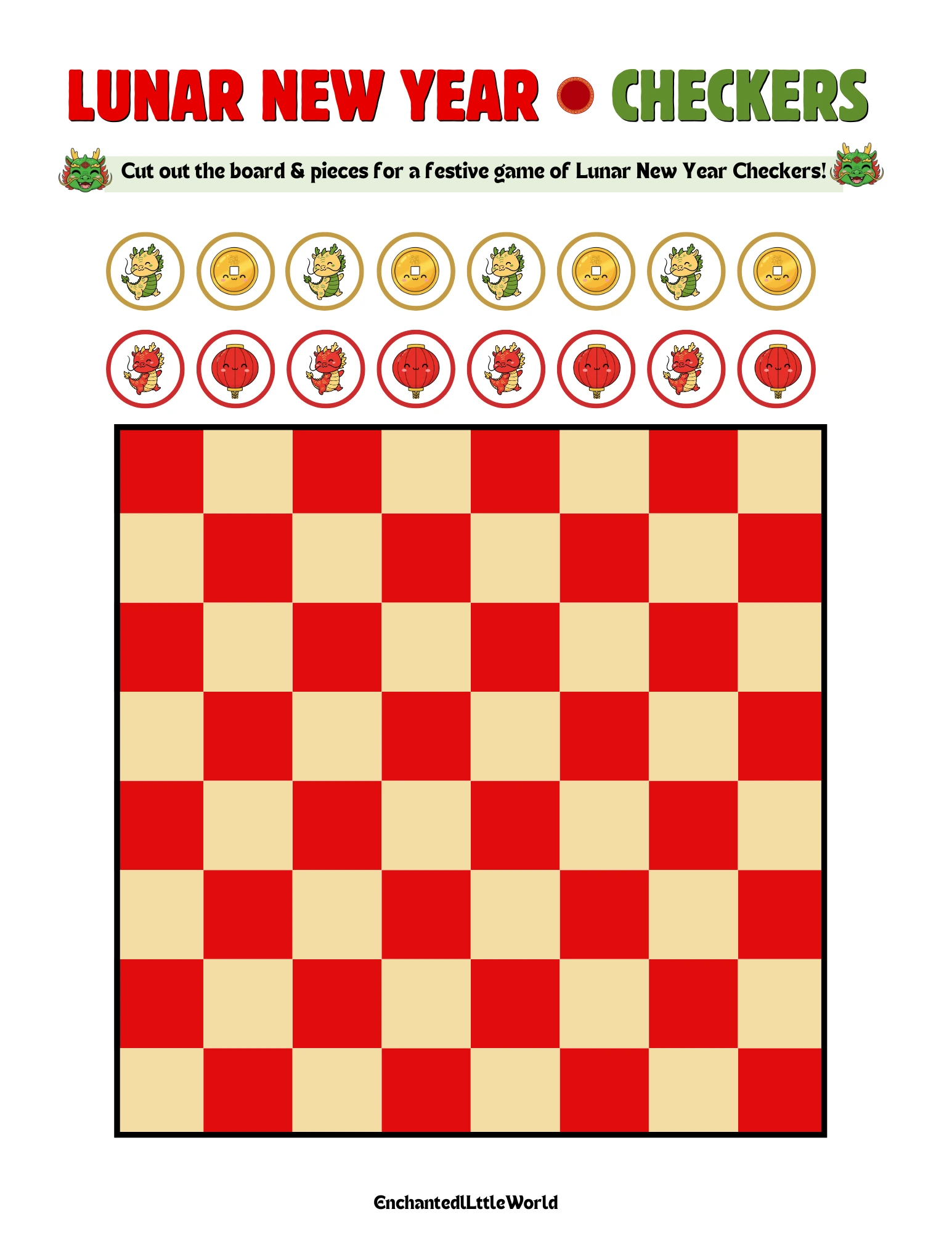 Free-Printable-Lunar-New-Year-Game-Checkers A printable red and cream checkers board with festive game pieces featuring cute dragons, gold coins, and red lanterns. This free printable is a heart-centered activity for children to enjoy during the holiday.