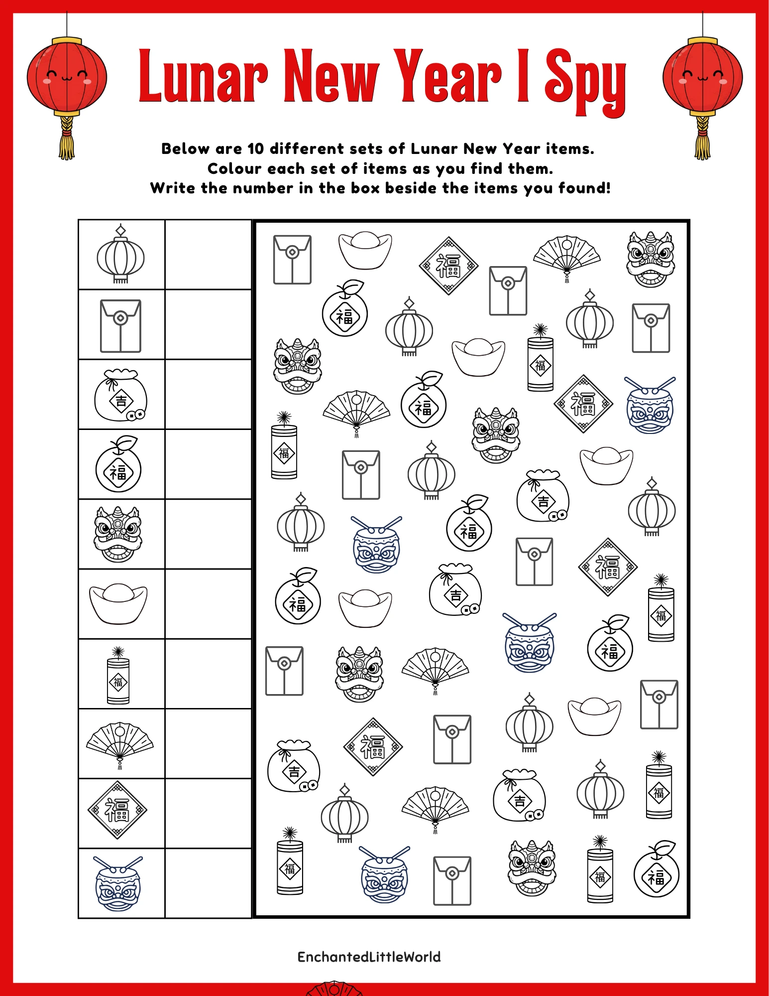 Free-Printable-Lunar-New-Year-I-Spy-Activity set of colorful memory matching cards for the Lunar New Year featuring traditional symbols like red envelopes, golden dragons, lanterns, and lucky oranges. Each card has a clean border and a festive illustration, perfect for a kids' holiday activity. This high-value printable is a free Chinese New Year game that is easy to download and print. Use this PDF to create a cozy and educational matching game for your 2026 celebration at home or in the classroom.