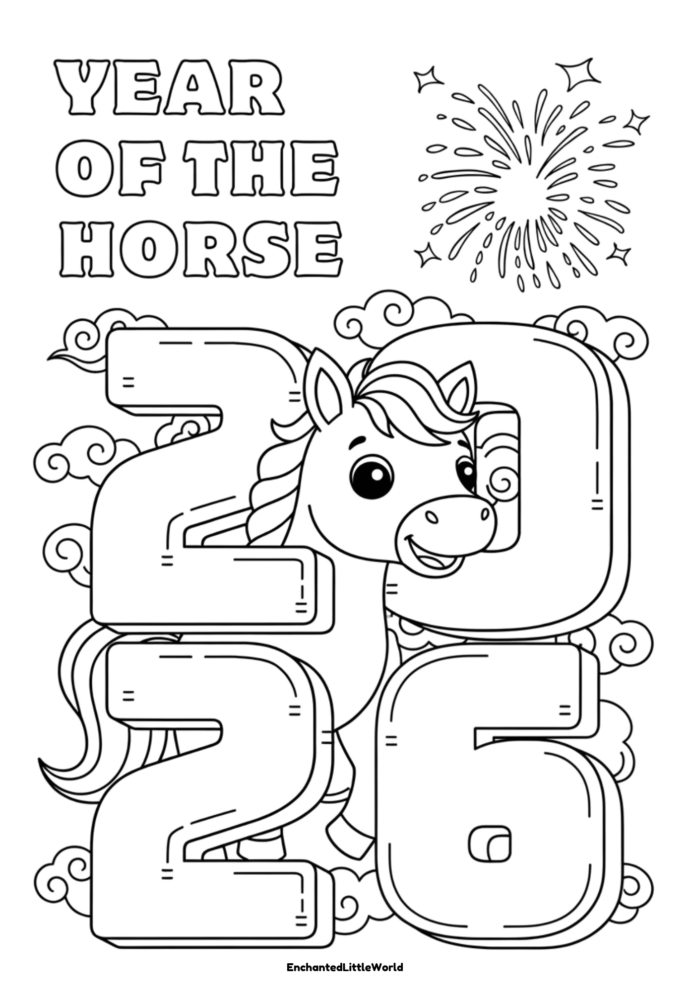 Free-Printable-Lunar-New-Year-Of-The-Horse-Coloring-Page-For-Kids-1 A friendly snake wearing traditional Chinese clothing, holding a decorative fan that says 2025, with a lantern and lucky symbols surrounding it.
