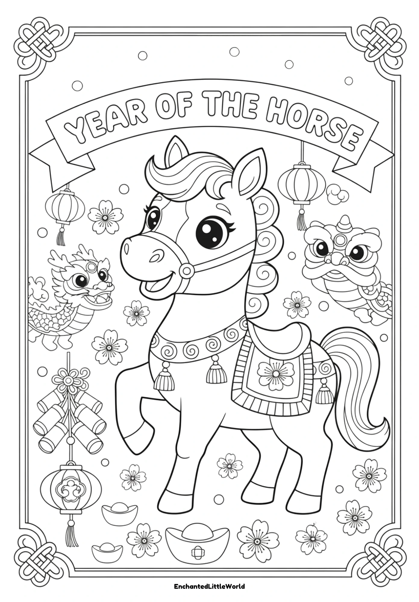 Free-Printable-Lunar-New-Year-Of-The-Horse-Coloring-Page-For-Kids-2 A smiling snake holding a firecracker, surrounded by kids in lion dance costumes, fireworks, and Lunar New Year decorations.