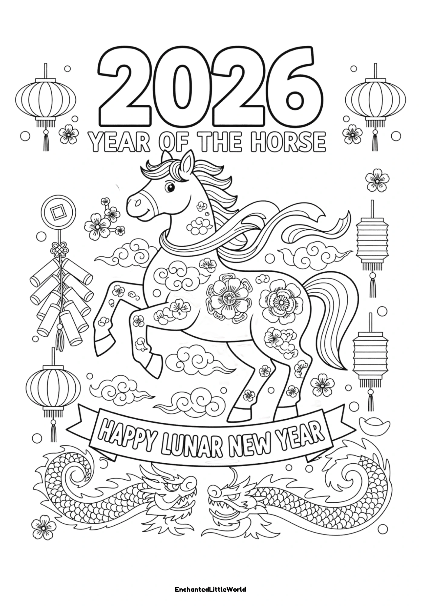 Free-Printable-Lunar-New-Year-Of-The-Horse-Coloring-Page-For-Kids-4 A playful snake holding a Happy Chinese New Year sign, surrounded by festive decorations, firecrackers, and banners for a joyful celebration.