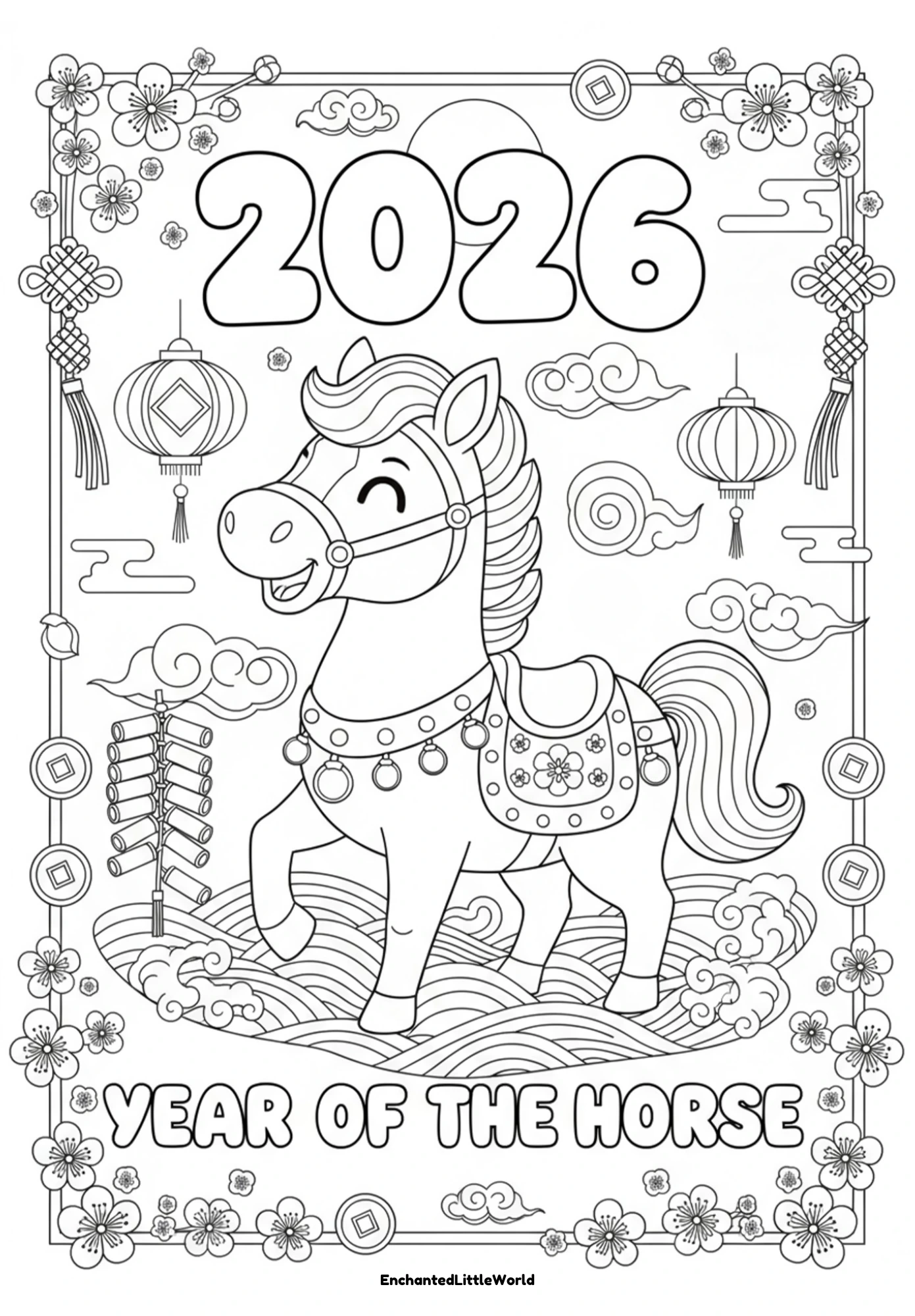 Free-Printable-Lunar-New-Year-Of-The-Horse-Coloring-Page-For-Kids-5 A happy snake wrapped around the numbers 2025, surrounded by fireworks and lucky symbols, making a bold and fun Lunar New Year coloring page.