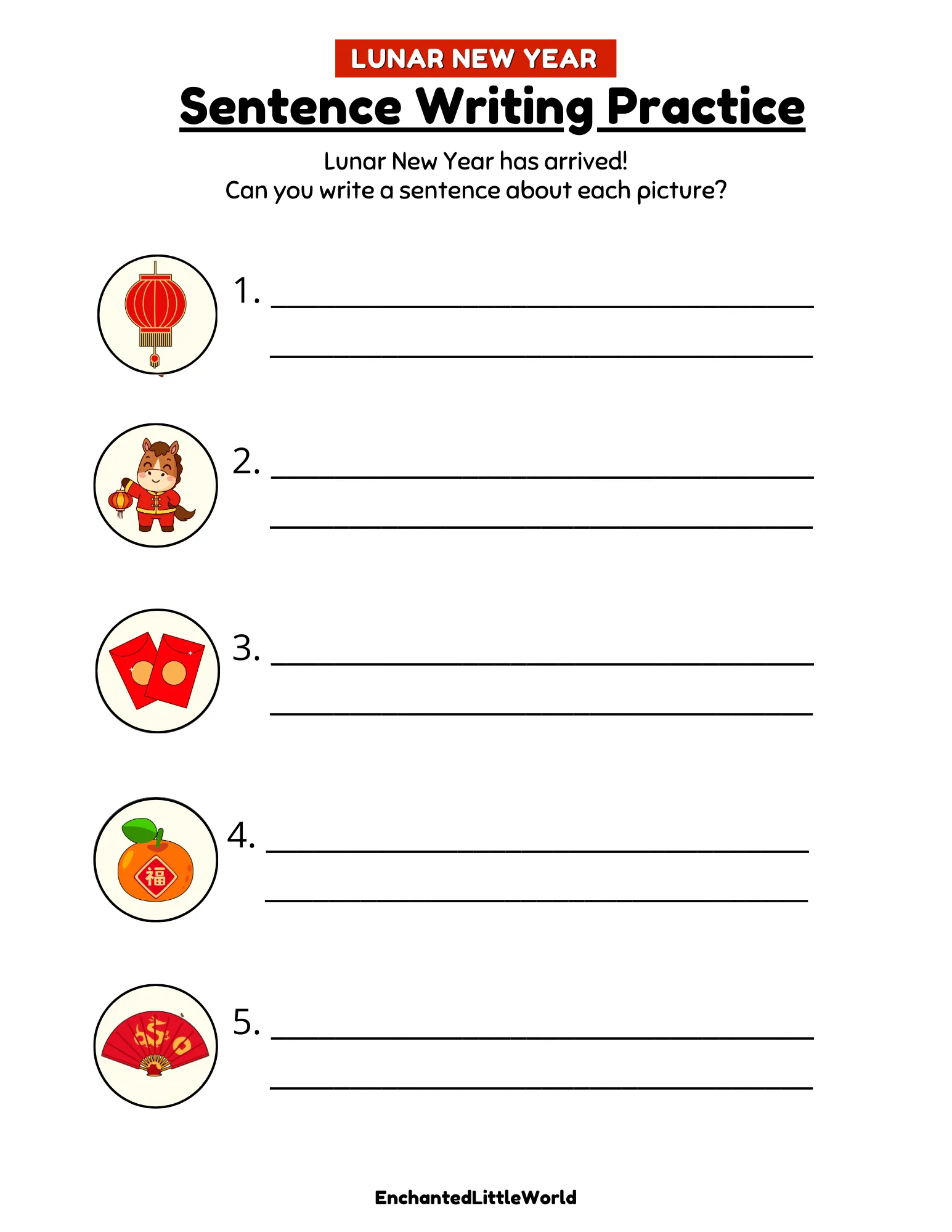 Free-Printable-Lunar-New-Year-Worksheet-Sentence-Practice Free printable Lunar New Year word tracing worksheet for kids featuring a festive 2026 Year of the Horse theme. This handwriting activity includes 14 themed vocabulary words for children to trace, such as "golden dragon," "lantern," "dumplings," and "red envelope," each presented in a clear, dotted font to support fine motor skills. Downloading this high-resolution PDF is fast and simple, providing an easy, high-quality literacy resource for classroom centers or homeschool morning rhythms during the Lunar New Year season.