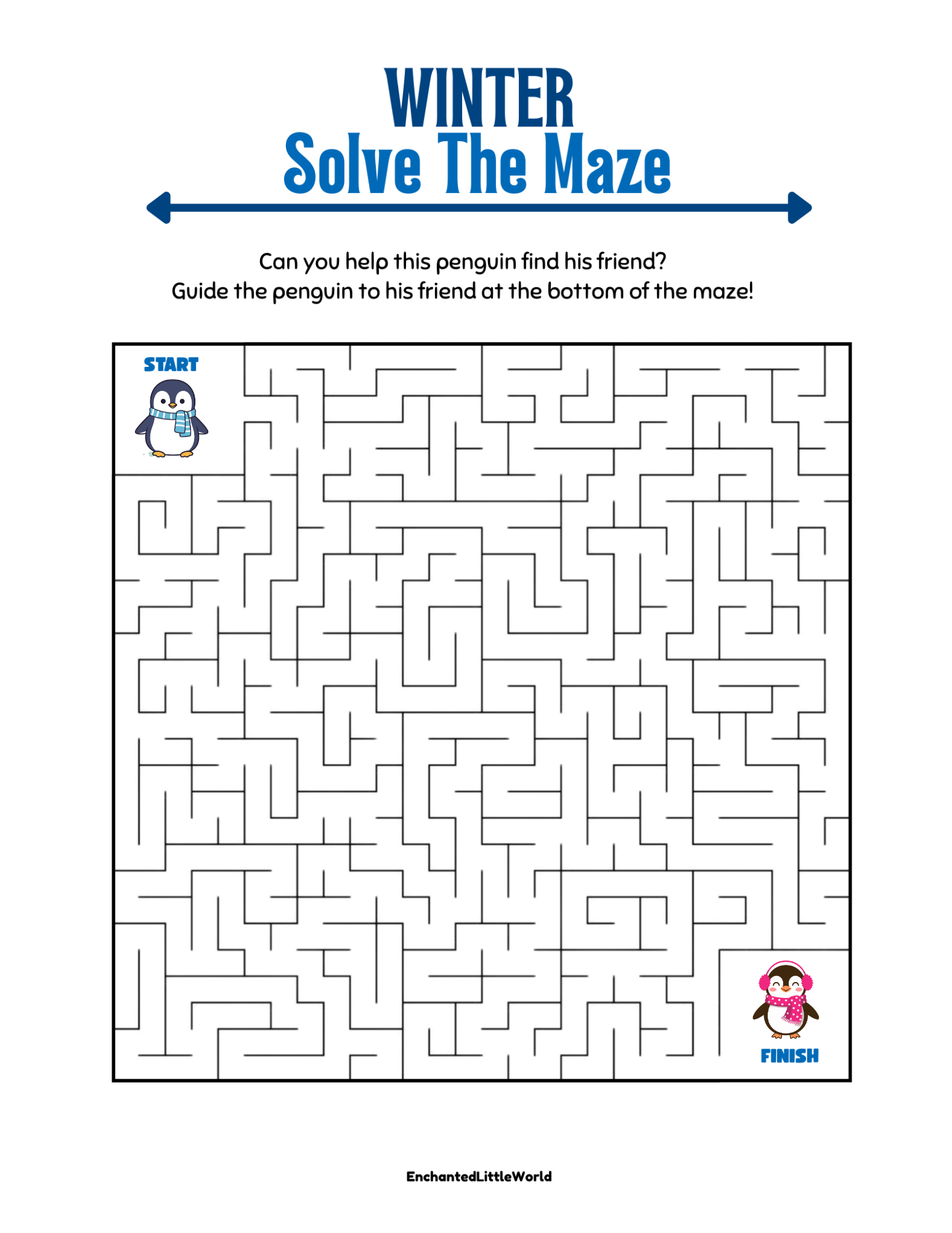 Free-Printable-Winter-Maze A free printablewinter maze for kids featuring a cute penguin at the start and his friend at the finish. The image showcases the maze's intricate paths and clean design, highlighting how easy it is for parents and teachers to provide an instant-download activity that keeps children engaged during the chilly season. This high-quality worksheet is perfect for developing fine motor skills and offers a simple, stress-free way to bring fun into the classroom or home without any complicated sign-ups or prep work.