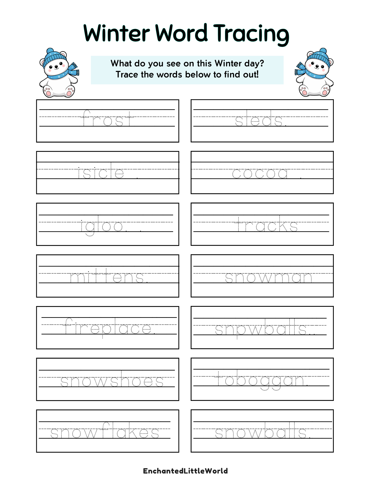 Free-Printable-Winter-Words-Tracing-Worksheet-For-Kids Free winter word tracing worksheet for kids featuring seasonal vocabulary like frost, cocoa, and snowman to help with fine motor skills and handwriting.