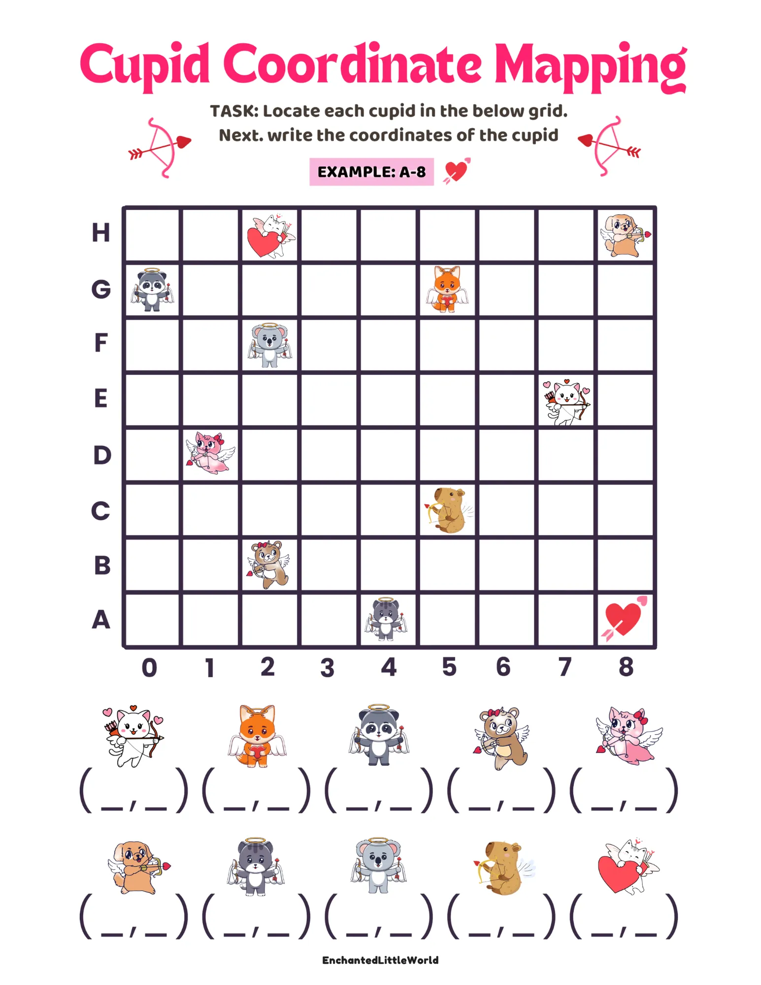 Free-Valentines-Day-STEM-worksheet-For-Kids A Valentine’s Day-themed coordinate graphing worksheet featuring a grid with Cupid characters, where kids must locate and write the coordinates. A great way to build spatial awareness and problem-solving skills!