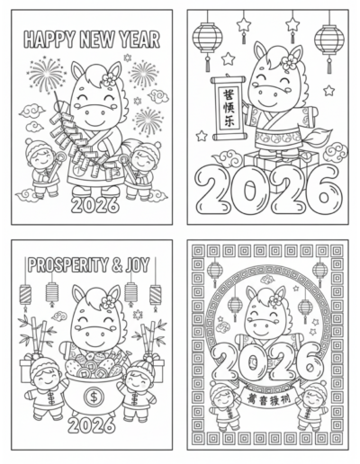 A cute horse wearing a floral accessory stands proudly inside a decorative circular frame featuring the year 2026 and traditional geometric patterns. This high-value printable is a professional-grade PDF for Chinese New Year, offering a cozy and intentional way to celebrate the 2026 zodiac through creative art.