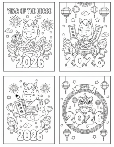 A majestic horse with floral patterns on its coat leaps over a landscape of traditional Chinese pagodas, clouds, and hanging lanterns. This high-value printable is part of our 10-page 2026 Lunar New Year collection, offering a professional-grade PDF download that is easy to print for classroom or home use.