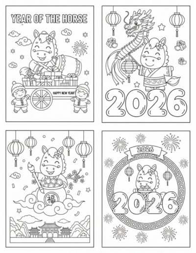 A cheerful horse stands on a grassy mound surrounded by festive icons like lanterns, fans, and firecrackers, with four smaller horses decorating the corners of the floral border. This high-value printable is a professional-grade PDF for the 2026 Year of the Horse, providing a cozy and intentional Lunar New Year activity for kids.
