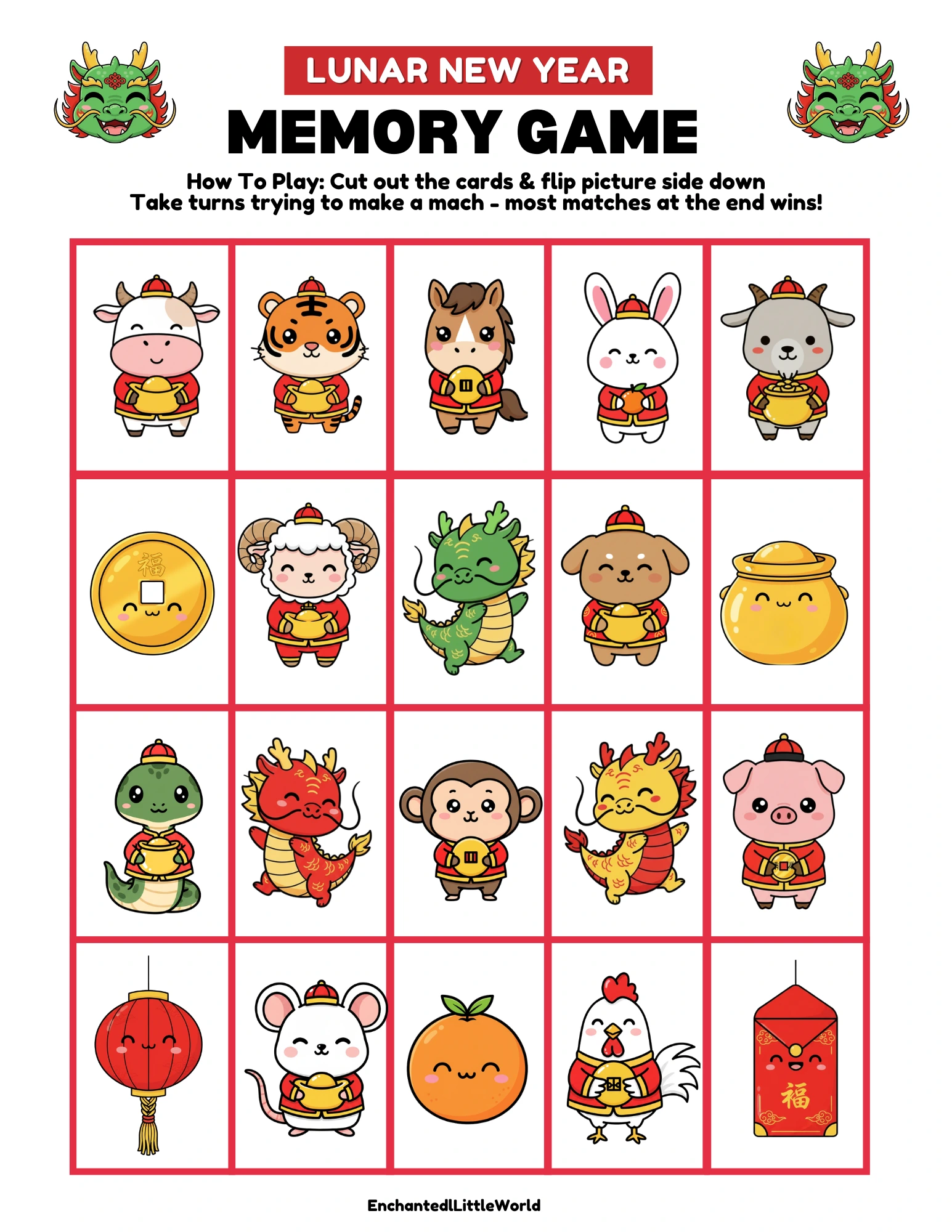 free-printable-Lunar-New-Year-Matching-Game set of colorful memory matching cards for the Lunar New Year featuring traditional symbols like red envelopes, golden dragons, lanterns, and lucky oranges. Each card has a clean border and a festive illustration, perfect for a kids' holiday activity. This high-value printable is a free Chinese New Year game that is easy to download and print. Use this PDF to create a cozy and educational matching game for your 2026 celebration at home or in the classroom.