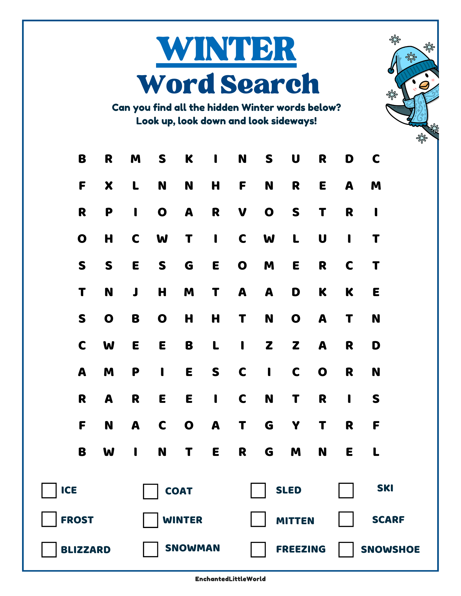 free-printable-winter-word-search-kids Free Printable Winter word scramble worksheet for kids featuring 19 scrambled winter vocabulary words to solve.