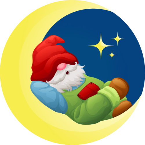 Enchanted-Little-World-Logo a cute cartoon gnome with a red hat and green overalls sleeping in a crescent moon with a blue background and twinkling yellow stars. Logo for Enchanted Little World
