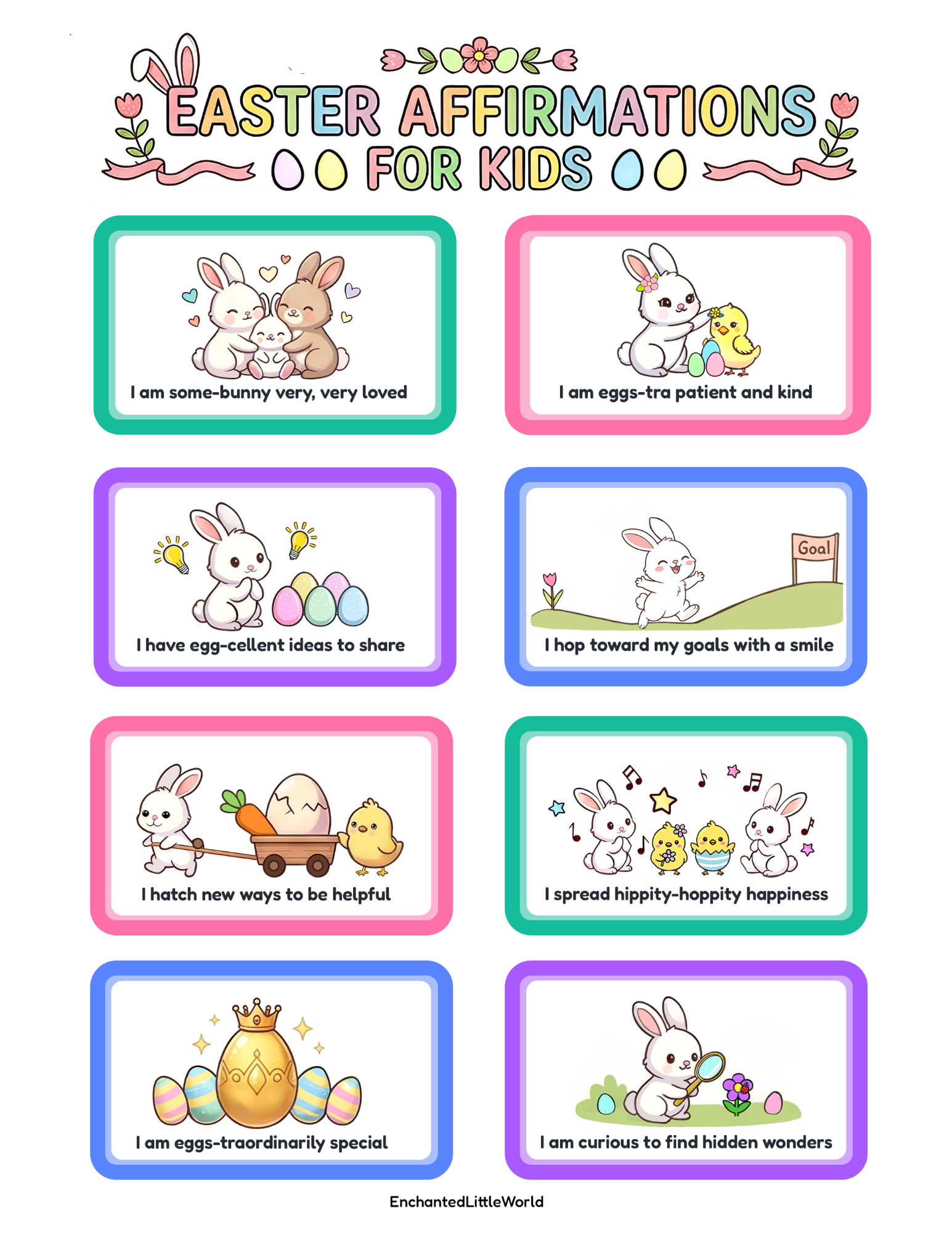 free-positive-easter-affirmations-printable-for-kids free Easter SEL worksheet for kids featuring bunny mindfulness activity with four sections for gratitude, kindness, regulation, and calmness