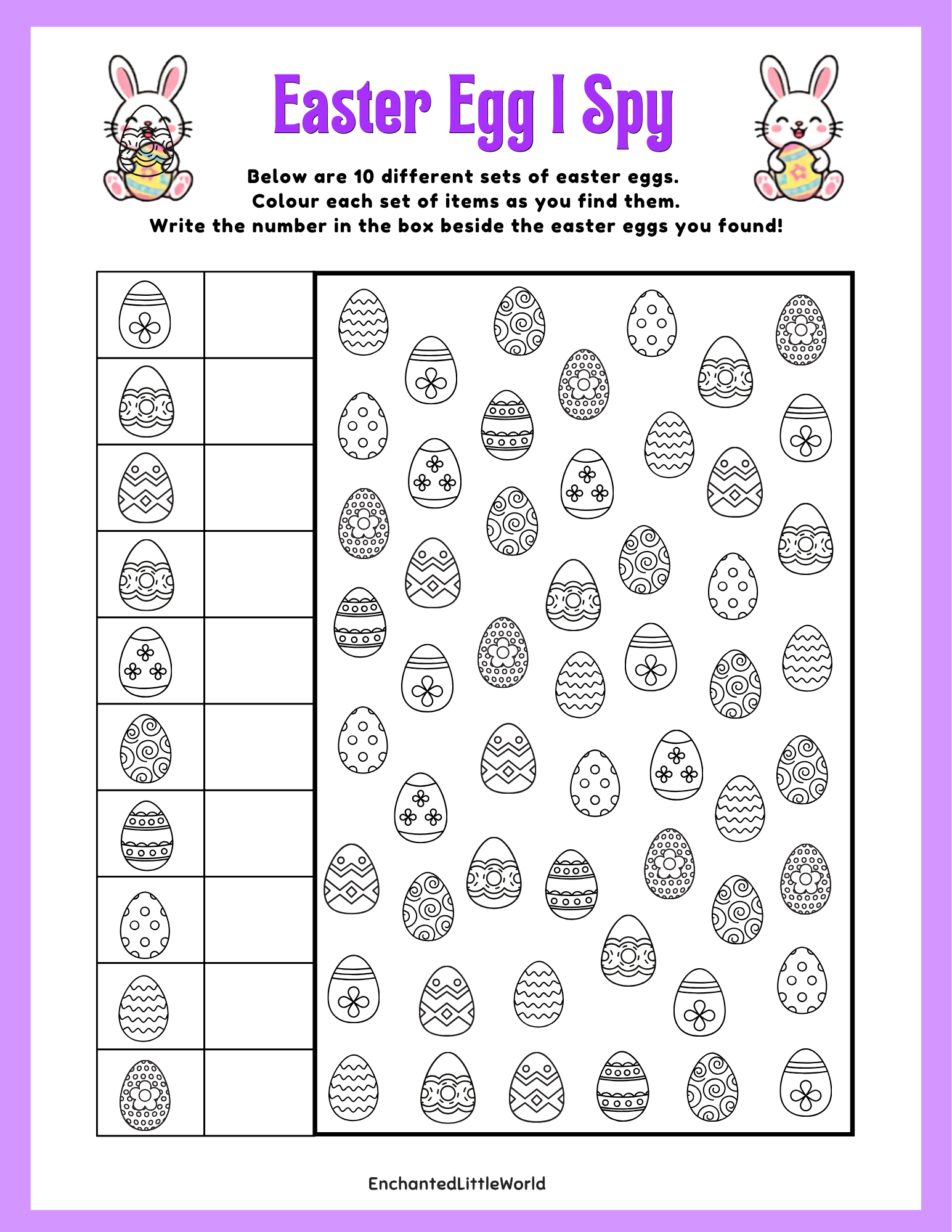 free-printable-easter-I-spy-for-kids Colorful Easter Bunny Name Generator printable chart for kids, featuring bunny names from A–Z and month-based word pairings