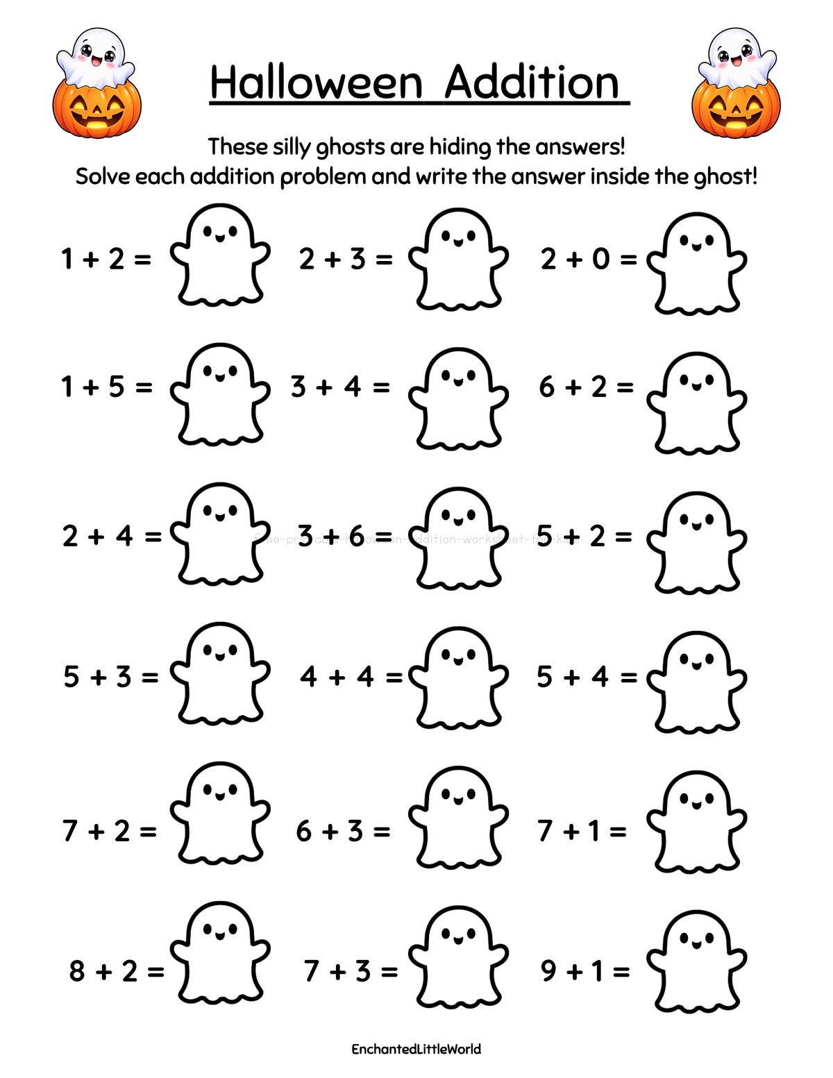 free-printable-halloween-addition-worksheet-for-kids • Enchanted Little World Halloween addition worksheet with ghost images and simple math problems for kids.